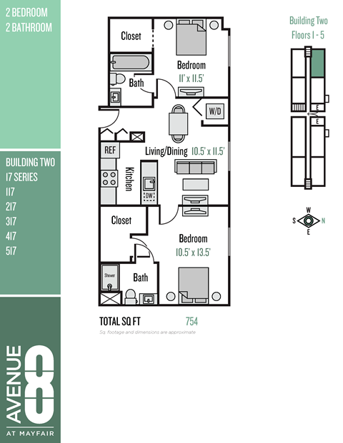 Floor plan for 2 beds, 2 baths, 754 sqft